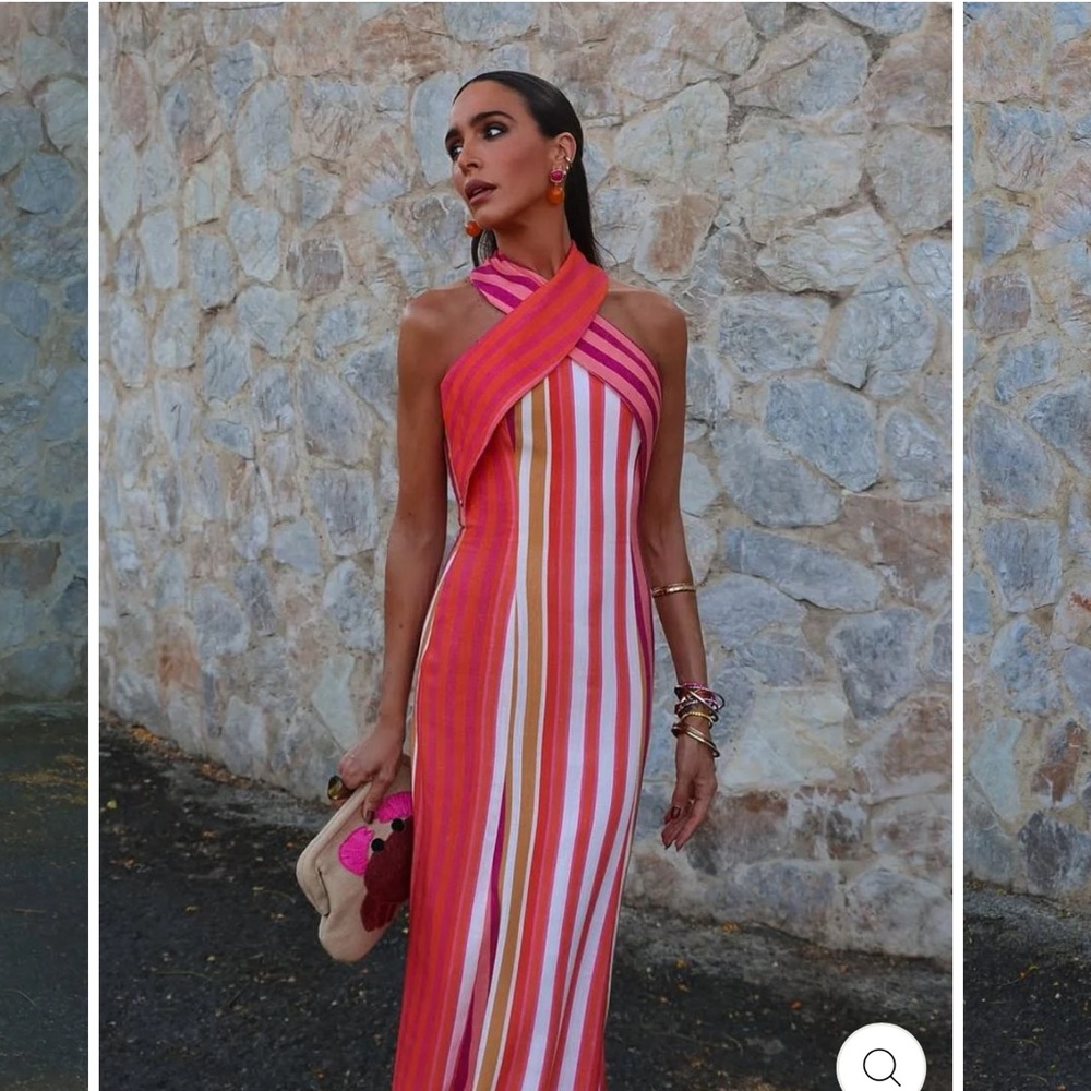 Cross-Halter Striped Maxi Dress in Pink and Orange